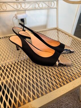J. Crew Black Slingback Heels with Metallic Snake-Print Toe